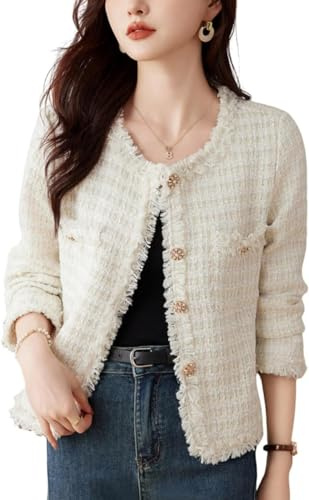 Giacca Elegante in Tweed da Donna Giacca Corta Coreana Slim retrò con Scollo Rotondo Giacca Monopetto Casual da Lavoro alla Moda (Beige,M)