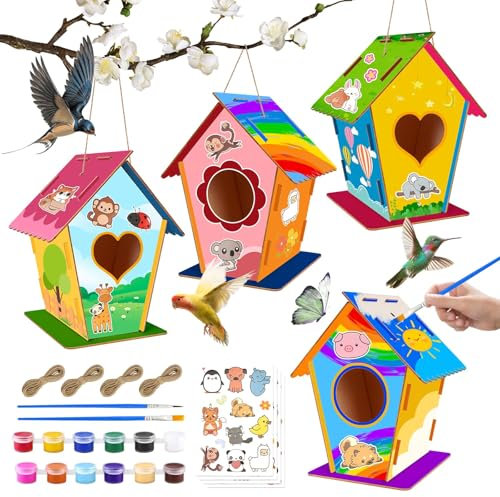 Acentor Vogelhaus Bausatz für Kinder, 4 Stück Holz Vogelfutterhaus Bastelset, DIY Vogelhaus zum Bemalen, Holzbastelsets für Kinder, Vogelkasten Bastelset Geschenke für Jungen Mädchen