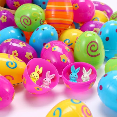 KEELYY 24 huevos de Pascua con 24 mini figuras de conejo, regalos de Pascua para niños, huevos de Pascua rellenables con juguetes, huevos de Pascua, rellenables, caza, relleno, relleno, fiesta, regalo