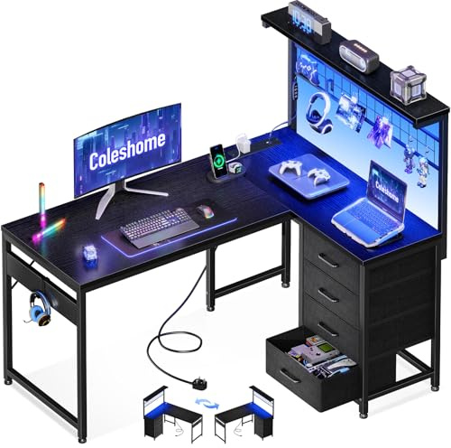 Coleshome L Shaped Gaming Desk with Drawers & Shelf, 110 × 80 cm Reversible Corner Computer Desk with LED Lights & Power Outlets, Gaming Table with Hook, Black