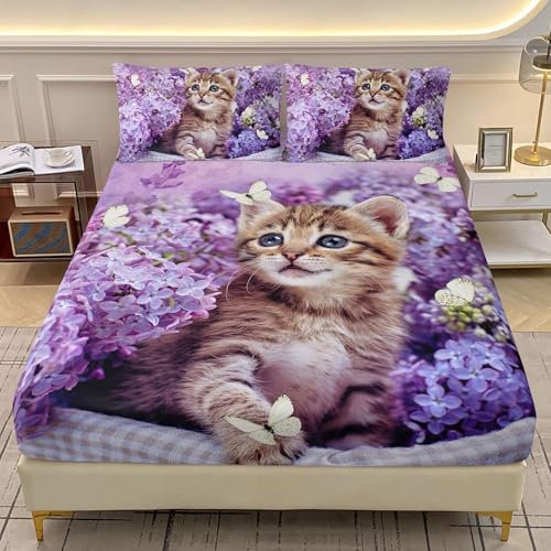 TACOKI 3D Süße Katze Spannbettlaken 120x200cm, Lila Lavendel Weiches Mikrofaser Bettlaken für Kinder, Bettlaken Spannbetttuch 120x200 bis 30 cm Matratzenhöhe mit 2 kissenbezüge d1746