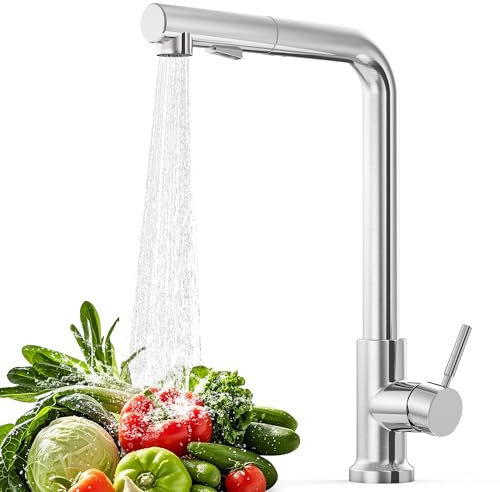 Robinet de Cuisine avec Douchette Extensible, Pivotant à 360°, 2 Types de Jets, Mitigeur en Acier Inoxydable, Design Moderne en L