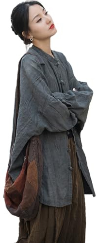 Camicie da donna in lino Camicette oversize Giacche crop vintage a maniche lunghe Bottoni a rospo cinesi Cape trench a vestibilità ampia, grigio scuro, L