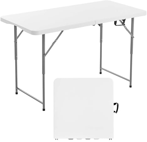 VEVOR Table Pliante Rectangulaire en Plastique, Table Utilitaire Portable de 122 cm, avec Hauteur Réglable et Poignée Intégrée, pour Dîner, Pique-Nique, Camping, Intérieur et Extérieur, Blanche