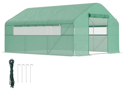 Outsunny Serre de Jardin 12 m², Serre Tunnel de Jardin 4 x 3 x 2 m avec Portes enroulables et Grandes fenêtres en Maille, Serre en Acier galvanisé et PE Haute densité 140 g/m² résistante aux UV, Vert