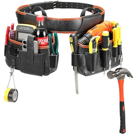 quipuda Werkzeuggürtel, Echtes Leder Werkzeug Gürteltasche, Werkzeugtasche mit Hammerhalter für Tischler, Gärtner, Rahmenbauer, Dachdecker, Handwerker, Elektriker