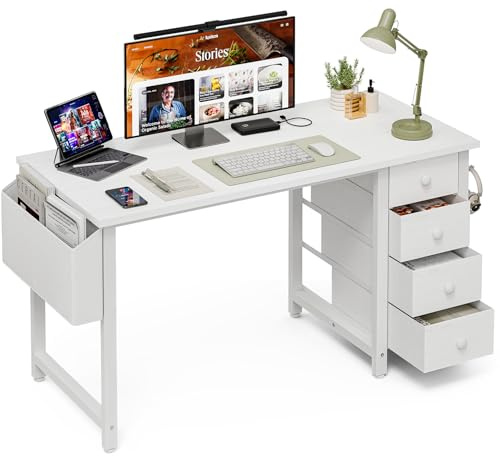Grandder 120 cm Piccolo tavolo per computer con 4 cassetti in tessuto, scrivania reversibile per bambini, adolescenti, moderno tavolo da lavoro per camera da letto e stanze piccole, bianco