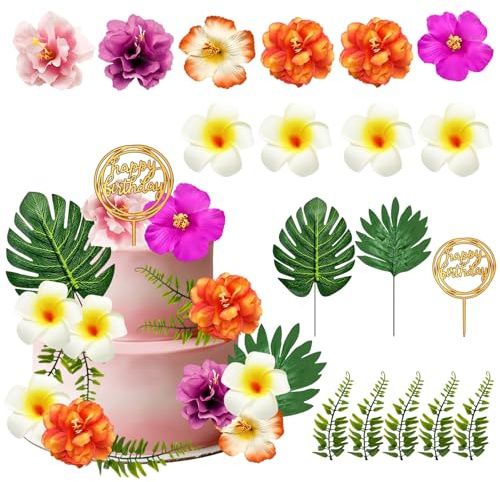 Decoraciones para Tarta Hawaiana,18 piezas decoración de tartas hawaianas,Decoraciones de pastel hawaiano tropical cake,para Tropical Hawaiian Luau Verano Playa Boda Cumpleaños Fiestas(A)