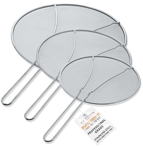 U.S. Kitchen Supply Set of 3 Stainless Steel Splatter Screen - 13, 11.5 & 9.5 Sizes - Fine Mesh Splatter Screen with Resting Feet Set, Grease Guard for Kitchen Pots and Pans