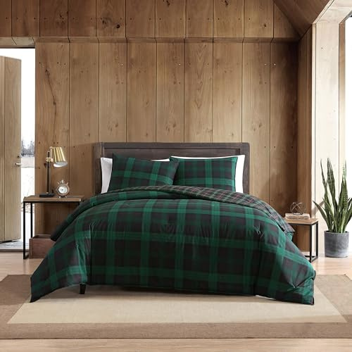 Eddie Bauer | Couette réversible à Carreaux 100% Coton Doux et Confortable de qualité supérieure avec taies Assorties, Parure de lit 3 pièces, Vert, lit Double/Grand lit