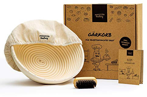 Tastory® Brot Gärkorb Set rund 25cm inkl. Backpinsel Holz & Rezept I Gärkörbchen 1kg aus Peddigrohr zum Brot backen - Ideal Gährungskorb set