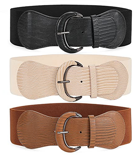 WHIPPY 3 Pack Women Wide Elastic Waist Belt Vintage Stretchy Belt Waistband for Ladies Dresses, Black/Brown/Beige, M