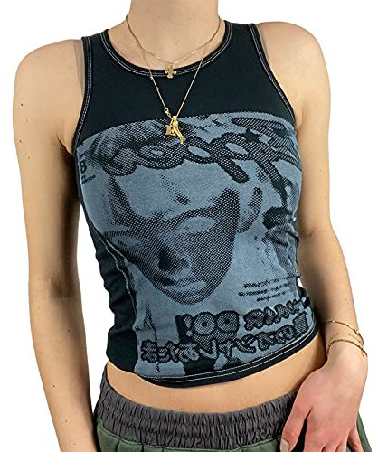 Women Y2k 90s Portrait Print Crop Top Sleeveless Face Graphic Tie Dye Tank Top E Girl Aesthetic Tee Streetwear (Black Sleeveless II, Small)