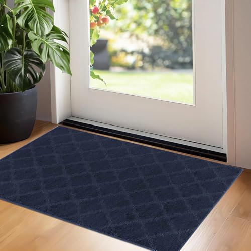 GULLAMBO Door Mat - Non Slip Door Mats Indoor Washable For Tiles Lino lamination Wood Flooring - Washable Front Door Mat Inside, Super Absorbent - Kitchen Door Mats Rugs (Navy Trellis, 40cm x 60cm)