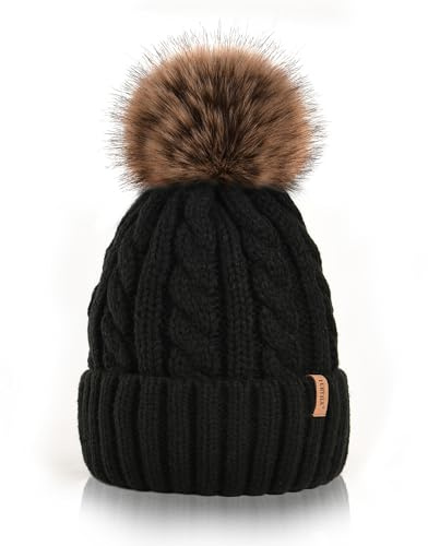 FURTALK Winter Hat for Women Warm Fleece Lined Double Layer Bobble Hat with Detachable Pom Pom Twisted Knit Design, Black