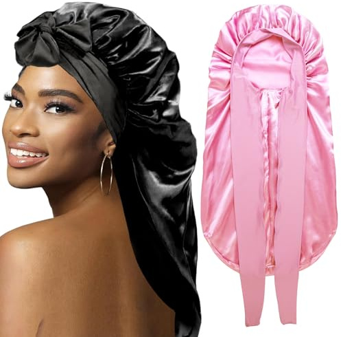 Lot De 2 Bonnets Tressés pour Femmes Noires, Grand Bonnet Long en Satin pour Tresses De Sommeil, Bonnet en Soie pour Femmes Noires avec Bandeau Extensible (Noir Et Rose)