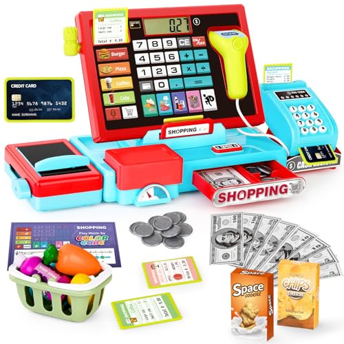 2025maysida Registratore di cassa Giocattolo per Bambini Registratore di cassa con vera calcolatrice,Play Store con scanner/Soldi finti/Cibo,Giocattolo educativo Regalo per Ragazze Ragazzi 3 4 5 6 7 8