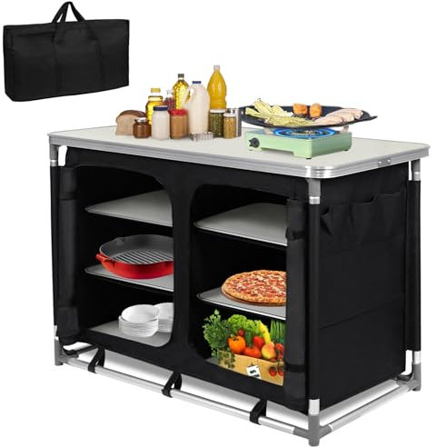 FIVMEN Campingküche Faltbar Campingschrank mit Aluminiumgestell und Staufächer Reiseküche Küchenbox Zeltschrank Camping Zubehör für Outdoor Camping Küche, 100x50x80cm
