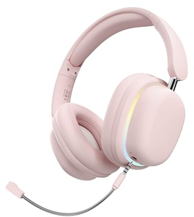 Bluetooth-hörlurar över örat, RGB trådlöst headset med avtagbar brusreducerande mikrofon, 3D stereo musik hörlurar spelheadset dubbel anslutning för iPhone/Samsung/iPad/PC (rosa)