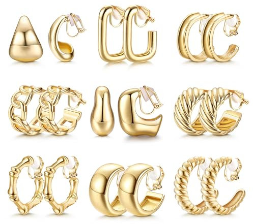 YADOCA 9 Paare Gold Clip Ohrringe Damen Hypoallergen 14K Vergoldet Gold Chunky Creolen Ohrclips Ohne Ohrlöcher Klips Ohrringe Set Modeschmuck Geschenk -2