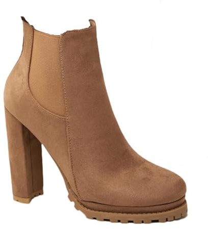 Hykytyhk Botines de tacón ancho grueso para mujer, botas Chelsea de gamuza con cremalleras laterales, Marrón, 39 EU