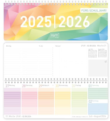 Häfft® Wochen-Tischkalender Schuljahr 2025/2026 Rainbow im Quer-Format, 1 Woche auf 2 Seiten - Wochenkalender, Schreibtisch-Kalender Schule - nachhaltig & klimafreundlich