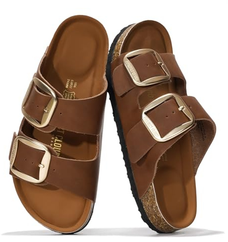 Project Cloud 100% Genuine Leather Flat Sandals for Women 2026 Comfortable Beach Essentials Womens Sandals Memory Foam Vacation Essentials Slides for Women Footwear (Santorini, BRWN,8.5)