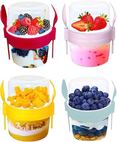 Pro Home Muesli Pots 500ml With Spoon & Lid Reusable BPA-Free Cereal Cup On The Go Breakfast Pots Yoghurt And Granola Container Oatmeal Jars (Set of 4 Red,Yellow,Grey,Pink)