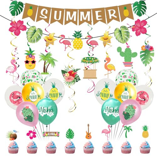 Hawaiian Tropical Party Decorations Hanging Swirl Summer Decoration Hawaiian Bunting Banners Balloons Summer Holiday Beach Themed Party Decorations for Aloha Garden Beach Summer Tropical Decor