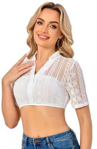 Soudittur Chemisier Traditionnel Femme en Dentelle Blanche Transparente Blouse Dirndl Manches Courtes pour Bavarois Oktoberfest (FR/ES, Alpha/Lettres, XXL, Taille Normale, Taille Normale, Blanc)