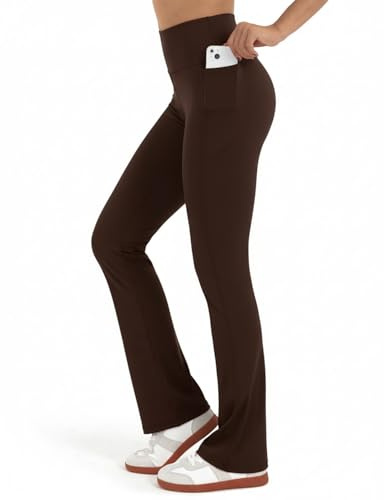 Zylioo utsvängda leggings med långa ben yogabyxor dam lång/extra långa, ogenomskinliga bootcut leggings stor/extra stor, träningsbyxor bootleg jazzbyxor, BRUN, L Extra Tall