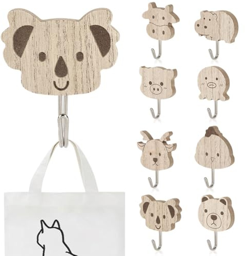 NUTKIT 8 PCS Patere Murale Enfant, Crochet Mural en Bois pour Animaux, Crochets Autocollants en Bois, patere murale bois, pour Vêtements Clés Chapeaux Sacs Bijoux Salle de Bain Chambre Maison