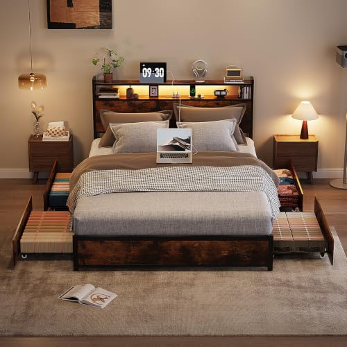 VINGLI Lit 160x200cm avec Sommier, Lit Double avec 4 Tiroirs, Lit 2 Personnes, Tête de Lit Ajustable avec Rangement, LED, Station de Charge 4 en 1, en Métal et Bois, Style Industriel, Marron Vintage