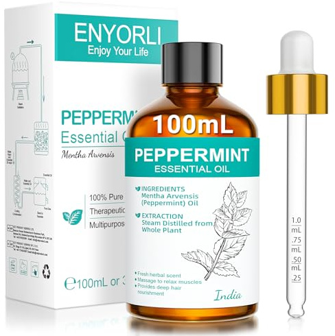 ENYORLI Huile Essentielle Menthe Poivrée 100ml,Parfum Végétal Diffuseur DIY | Huile essentielle de menthe poivrée 100ml avec flacon verre ambré et pipette pour diffuseur spray d’ambiance et créations DIY