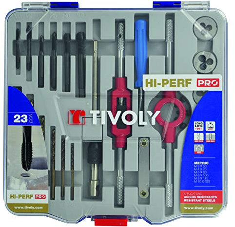 Mallette TIVOLY 23 PCS 6 tarauds DIN 352 HSS GUN + 6 Filières HSS + 4 accessoires M3 à M10 + 6 Forets métaux HSS Cobalt