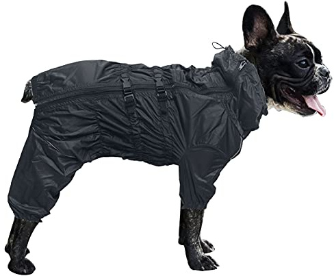 MOREZI Hunderegenmantel, hoher Kragen wasserdicht, Regenmantel-Set mit Reflexstreifen und Reißverschlüssen, für alle Hundetypen geeignet-Schwarz-M