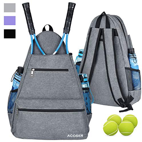 ACOSEN Tennisväska tennisryggsäck – stora tennisväskor för kvinnor och män att hålla tennisracket, pickleball paddles, badmintonrack, squashrack, bollar och andra tillbehör (grå)