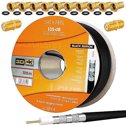 HB-Digital 100m Câble SAT Coaxial 135db Noir + 10x F-Connector & 2xF-Connector plaqué or Câble d'antenne Satellite CCS acier-cuivre 5 fois blindé pour systèmes DVB-S/S2 -C/C2 -T/T2 DAB + Radio BK