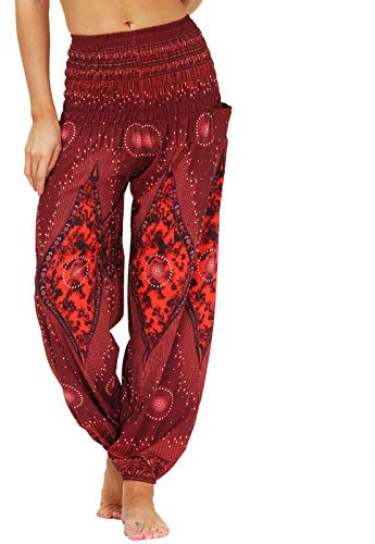 Nuofengkudu Women's Harem Hippie Pants Baggy Boho Patterned High Waist Smocked Waist Thin with Pockets Lounge Trousers for Yoga Summer Beach