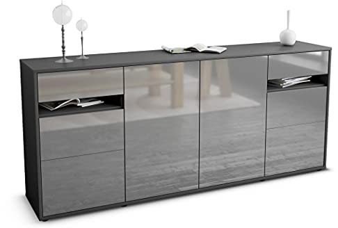 Stil.Zeit Kommode Sideboard, Anders, Korpus anthrazit matt, Front Hochglanz Design Graphit, (180x79x35cm), Push to Open Technik & Leichtlaufschienen