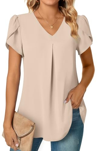 Anyally Women's Summer Tunic Tops Dressy Casual Chiffon Blouses Short Sleeve T-Shirts for Leggings, XL Khaki