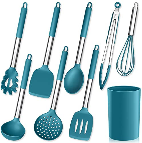 Herogo Küchenhelfer Set, 9 Stück Silikon Kochutensilien Kochbesteck Set mit Utensilienhalter, Blau Küchenutensilien Pfannenwender Set mit Edelstahlgriff, Hitzebeständiger & Antihaft