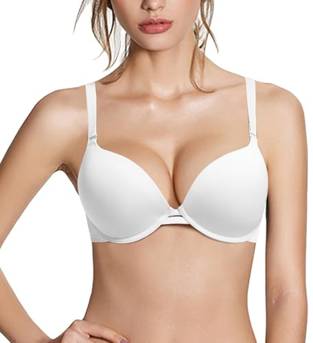 Pushlus Push Up Thick Padded Plunge Underwire T Shirt Lace Bra Lift Support for Women Add One Cup, Solid White Bra, 30C