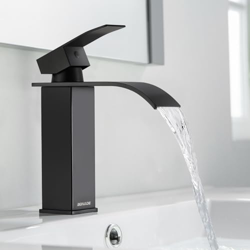Wasserhahn Bad Schwarz, BONADE Wasserfall Waschtischarmatur aus Edelstahl, Waschbecken Armaturen Kaltes und Heißes Wasser für Badezimmer, Mischbatterie Waschbecken mit Auslauf Höhe 123 mm