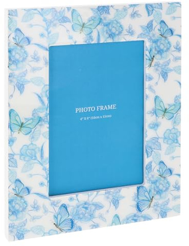 Shudehill Giftware Blue & White 6X4 Photoframe - Floral, Trellis, Tile & More Designs (Floral Butterfly)