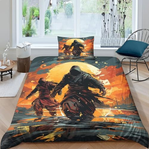 OPSREY Assassins Bedding Set Kissenbezug Ölgemälde Bettdeckenbezug Verstecktes Scharnier Bettbezug Atmungsaktiv Duvet Cover Set Baumwolle Steppdeckenbezug Single（135x200cm）
