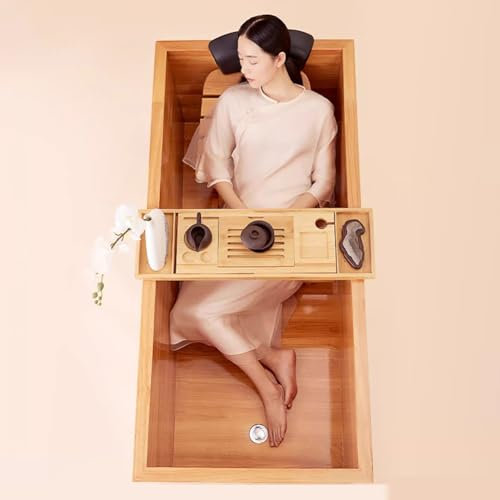 MegLob Rectangle Freestanding Wooden Bathtub Lit, Wide Deep Soaking Tub for Couple, Oriental Style Free Standing Bathtub with Solid Wood Tray, All-Wood Bathtub for Indoor Bathroom,170cm/66.93in