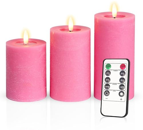 Meisterhome® 3er-Set Flammenlose LED Kerzen - Rosa - Rustik Design Stumpenkerze - mit Fernbedienung – mit Timer - Batteriebetrieben – Warmweiß - 10/12,5/15 cm hoch - mit flackernder Flamme