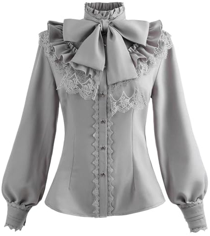 Fiamll Chemisier victorien gothique pour femme - Vintage - Col montant - Manches longues - Steampunk - Renaissance - Costume d'Halloween - Carnaval - Fête, gris, XXL