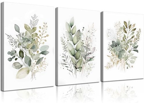 RCJARTI 3Pcs Framed Watercolor Botanical Wall Art Sage Green Boho Floral Canvas Posters Prints Wildflower Wall Decor Pictures for Living Room Bedroom Bathroom Home Decoration, 12x16in